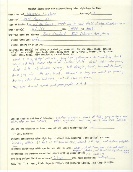 Rare bird documentation form for a Western Kingbird at West Ames in Story County, IA on November 3, 1984.