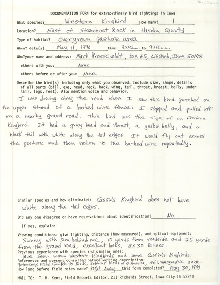 Rare bird documentation form for a Western Kingbird east of Steamboat Rock in Hardin County, IA on May 11, 1990.