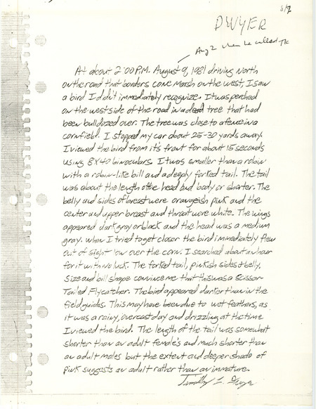 Field notes by Tim Dwyer regarding a Scissor-tailed Flycatcher sighting at Cone March in Louisa County, IA that he reported as occurring on August 2, 1981.