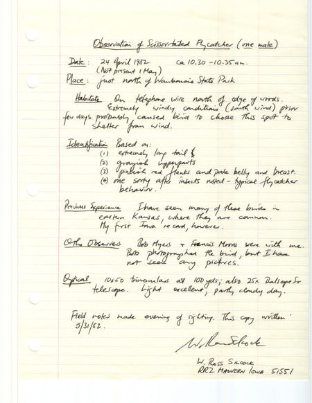 Rare bird documentation form for a Scissor-tailed Flycatcher north of Waubonsie State Park in Fremont County, IA on April 24, 1982.