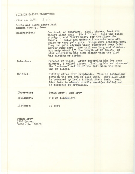 Rare bird documentation form for a Scissor-tailed Flycatcher at Lewis and Clark State Park in Monona County, IA on July 21, 1984.