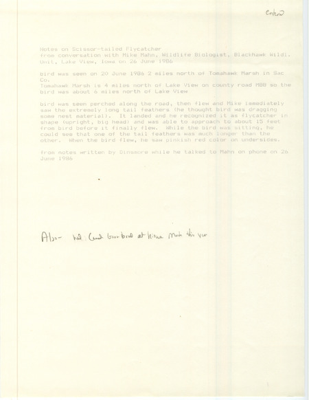 Field notes for a Scissor-tailed Flycatcher at Tomahawk March in Sac County, IA on June 20, 1986 by Michael Mahn. The account was given to the Iowa Ornithologists' Union through a phone call transcribed by James Dinsmore on June 26, 1986.