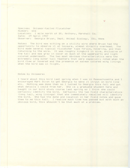 Rare bird documentation form for a Scissor-tailed Flycatcher north of St. Anthony in Marshall County, IA on April 29, 1987.