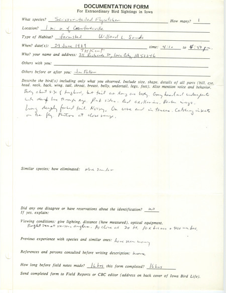 Rare bird documentation form for a Scissor-tailed Flycatcher north of Crawfordsville in Washington County, IA on June 29, 1989.