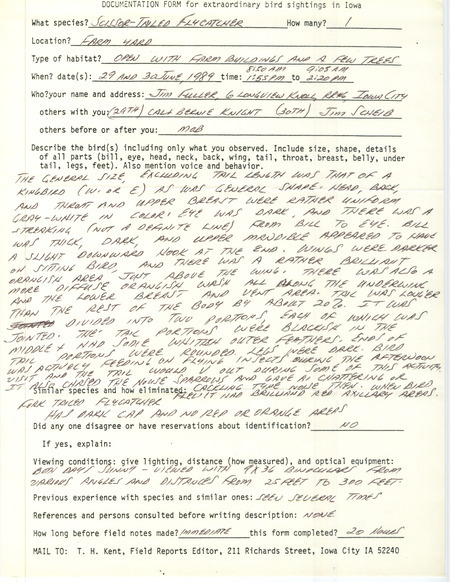 Rare bird documentation form for a Scissor-tailed Flycatcher north of Crawfordsville, Washington County, IA on June 29 and 30, 1989.