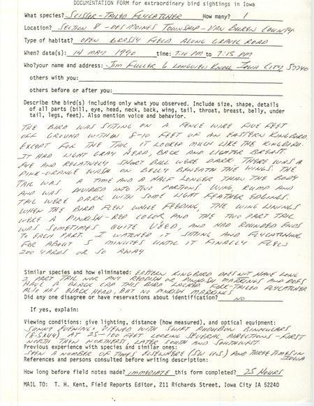 Rare bird documentation form for a Scissor-tailed Flycatcher at Des Moines Township in Van Buren County, IA on May 14, 1990.