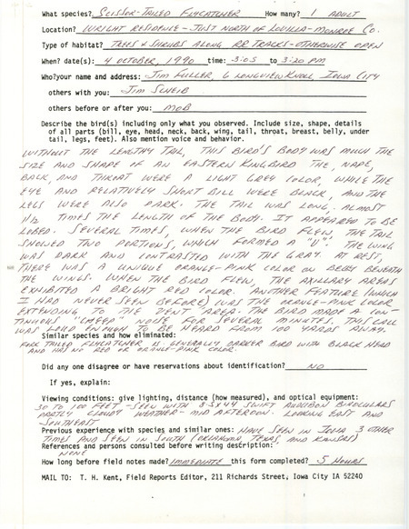 Rare bird documentation form for a Scissor-tailed Flycatcher north of Lovilia in Monroe County, IA on October 4, 1990.