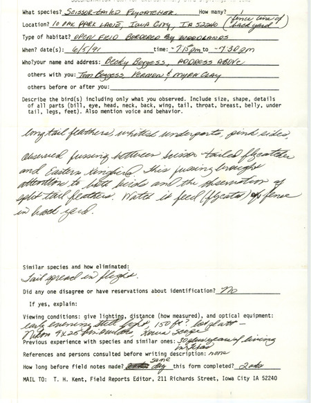 Rare bird documentation form for a Scissor-tailed Flycatcher at Iowa City in Johnson County, IA on June 5, 1991.