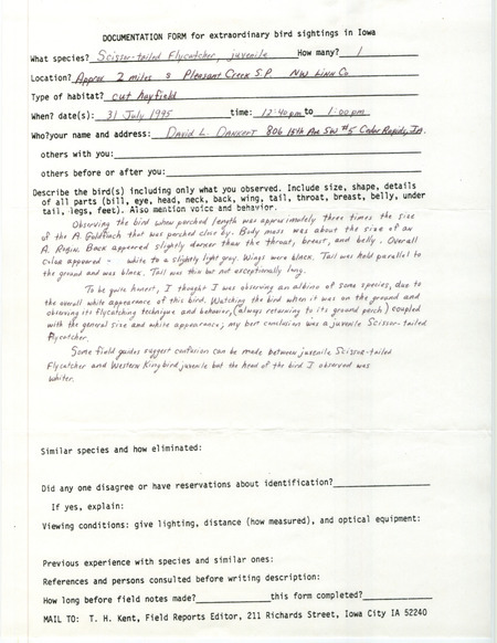 Rare bird documentation form for a Scissor-tailed Flycatcher south of Pleasant Creek State Park in Linn County, IA on July 31, 1995. It was submitted with a letter from Jim Dinsmore to Thomas Kent on an unknown date.