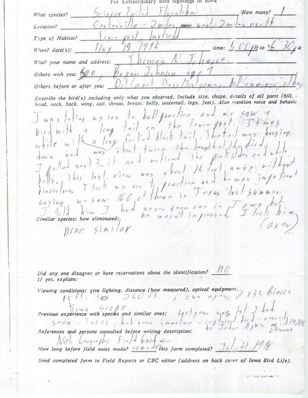 Rare bird documentation form for a Scissor-tailed Flycatcher west and north of Centerville in Appanoose County, IA on May 19, 1996.