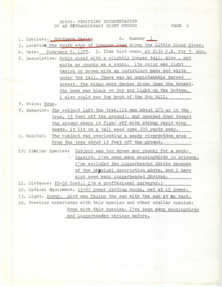 Rare bird documentation form for a Northern Shrike at the south edge of Spencer in Clay County, IA on February 5, 1978.