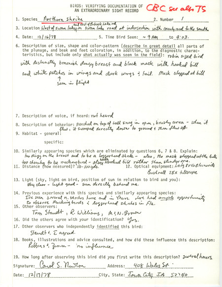 Rare bird documentation form for a Northern Shrike at Babcock Access in Johnson County, IA on December 16, 1978.