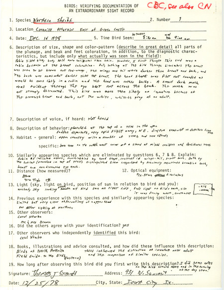 Rare bird documentation form for a Northern Shrike east of Green Castle at Coralville Reservoir in Johnson County, IA on December 16, 1978.
