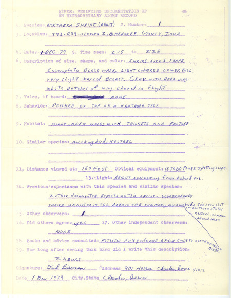 Rare bird documentation form for a Northern Shrike near Peterson in Cherokee County, IA on December 1, 1979.