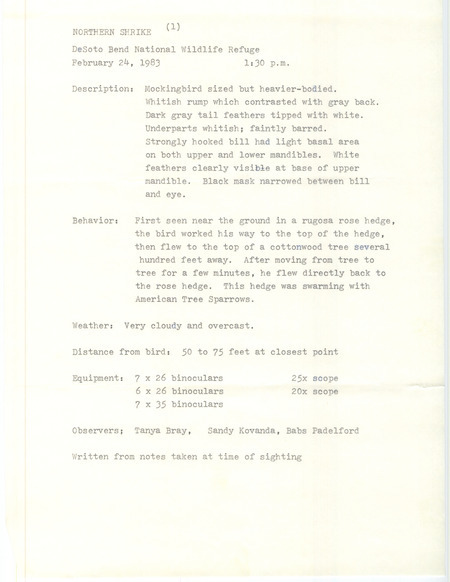Rare bird documentation form for a Northern Shrike at DeSoto Bend National Wildlife Refuge in Harrison County, IA on February 24, 1983.