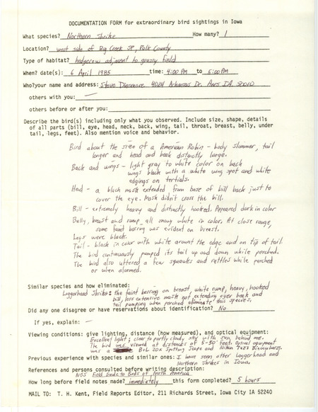 Rare bird documentation form for a Northern Shrike at Big Creek State Park in Polk County, IA on April 6, 1985.