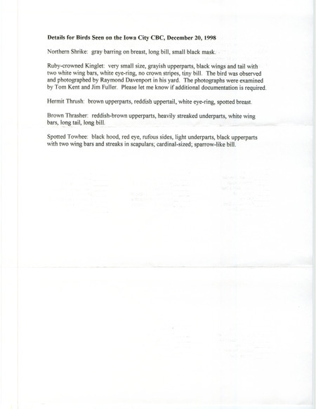 Field notes for birds sighted during the Christmas bird County at Iowa City in Johnson County, IA on December 20, 1998. Includes a Northern Shrike sighting.