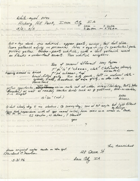 Rare bird documentation form for a White-eyed Vireo at Hickory Hill Park in Johnson County, IA from May 2 to May 5, 1976.