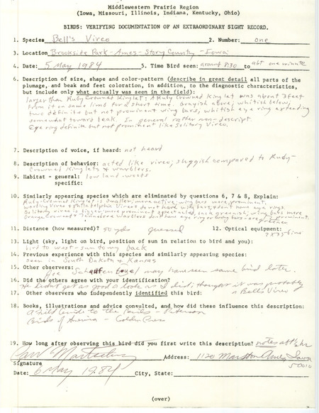Rare bird documentation form for a Bell's Vireo at Brookside Park in Ames in Story County, IA on May 5, 1984.
