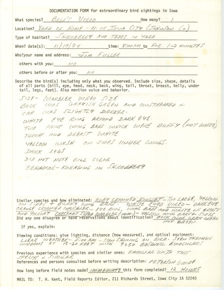 Rare bird documentation form for a Bell's Vireo north of Iowa City in Johnson County, IA on November 19, 1984.