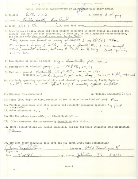Rare bird documentation form for six Bell's Vireos at Big Creek State Park in Polk County, IA from May 26 to July 21, 1985.