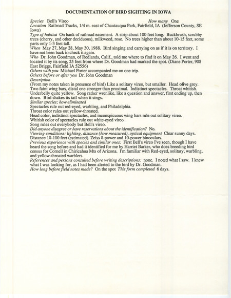 Rare bird documentation form for a Bell's Vireo east of Chautauqua Park in Fairfield in Jefferson County, IA on May 27, 28, and 30, 1988.