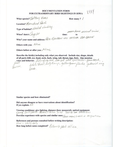 Rare bird documentation form for a Solitary Vireo at Moorehead Park in Ida County, IA on August 20, 1994.
