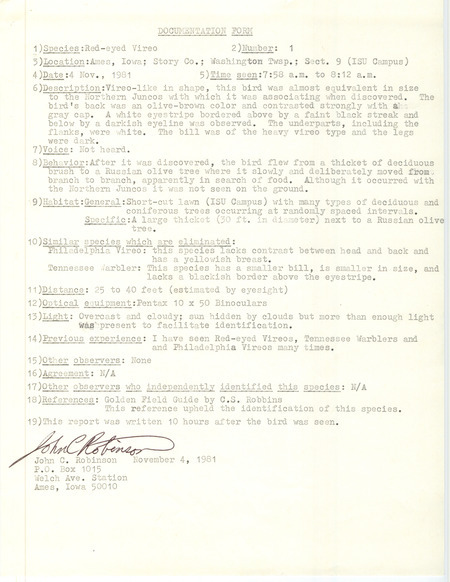 Rare bird documentation form for a Red-eyed Vireo at Washington Township in Ames in Story County, IA on November 4, 1981.