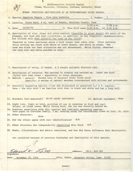 Rare bird documentation for an American Magpie at Tyson Bend in Harrison County, IA on October 14, 1974.