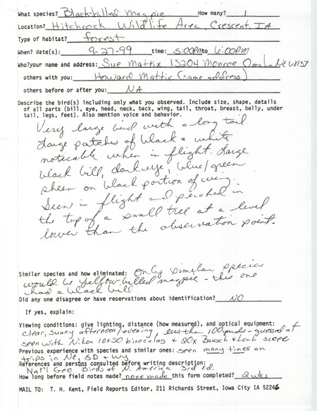 Rare bird documentation form for a Black-billed Magpie at Hitchcock Wildlife Area near Crescent in Pottawattamie County, IA on September 27, 1999. It is accompanied by an email from Sue Mattix to James Fuller dated September 28, 1999 regarding the bird sighting.