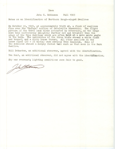 Rare bird documentation form for three Northern Rough-winged Swallows at Coralville Reservoir in Johnson County, IA on October 22, 1983.