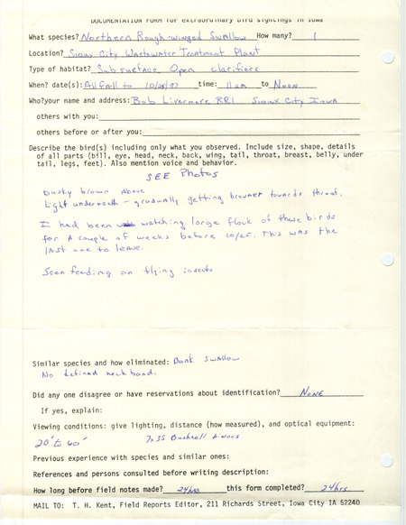 Rare bird documentation form for a Northern Rough-winged Swallow at Sioux City Wastewater Treatment Plant in Woodbury County, IA starting in the fall and ending 10/25/1987.