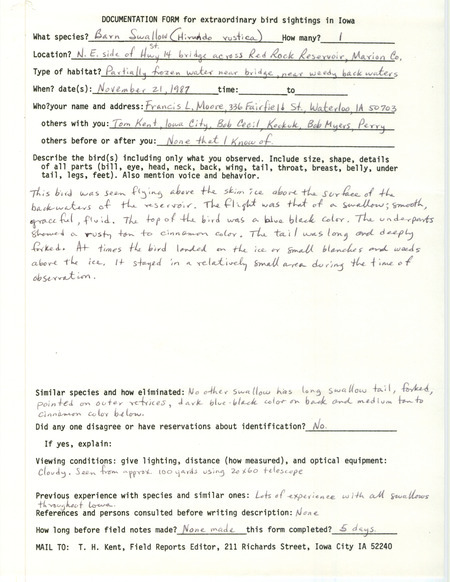 Rare bird documentation form for a Barn Swallow at Red Rock Reservoir in Marion County, IA on November 21, 1987.