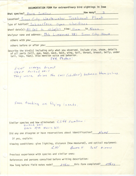 Rare bird documentation form for three Barn Swallows at Sioux City Wastewater Treatment Plant in Woodbury County, IA starting in the fall and ending on October 25, 1987.