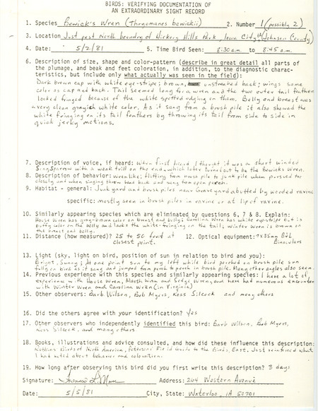 Rare bird documentation form for one to two Bewick's Wren north of Hickory Hill Park in Iowa City in Johnson County, IA on May 2, 1981.