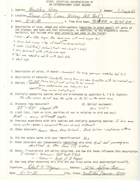 Rare bird documentation form for one or two Bewick's Wrens near Hickory Hill Park in Iowa City in Johnson County, IA on May 2, 1981.