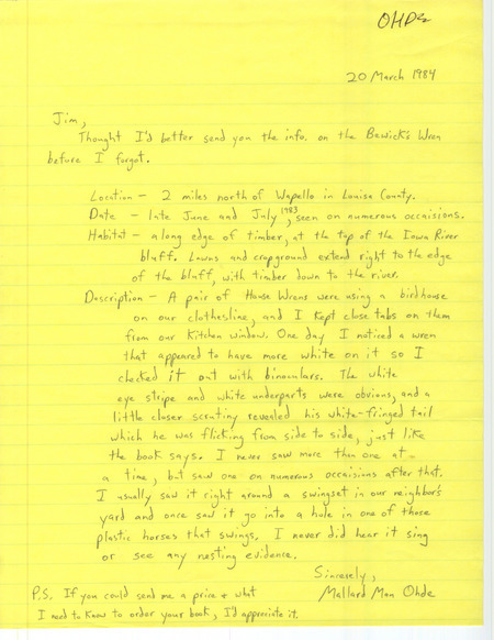 Letter from Bill Ohde to Jim Dinsmore documenting a Bewick's Wren seen north of Wapello in Louisa County, IA during late June and July, 1983.