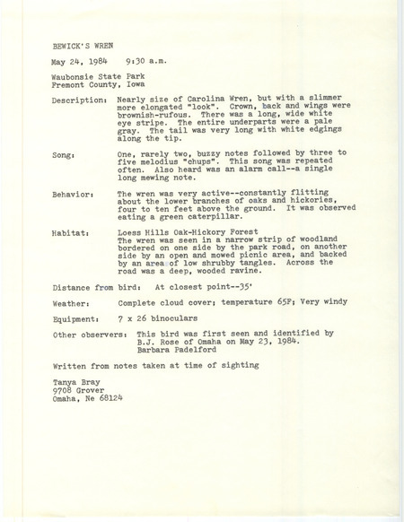 Rare bird documentation form for a Bewick's Wren at Waubonsie State Park in Fremont County, IA on May 24, 1984.