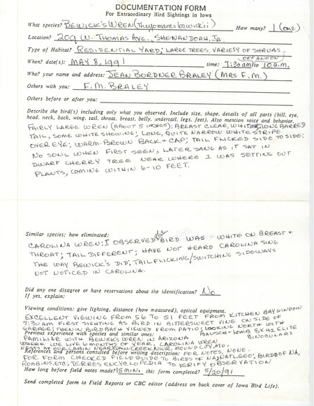 Rare bird documentation form for a Bewick's Wren at Shenandoah in Page County, IA on May 8, 1991.