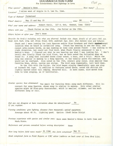 Rare bird documentation form for a Bewick's Wren west of Argyle in Lee County, IA on May 15 and 19, 1988.