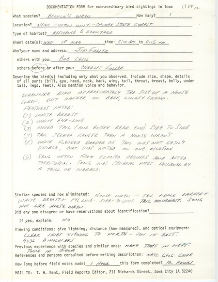 Rare bird documentation form for a Bewick's Wren near the Croton Unit in Shimek State Forest in Lee County, IA on May 18, 1988.