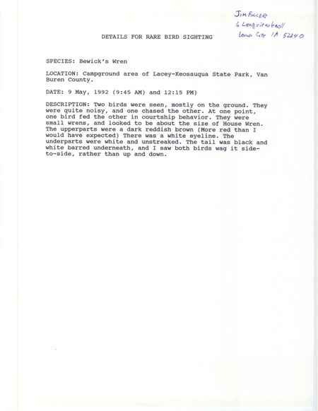 Rare bird documentation form for two Bewick's Wrens at Lacey-Keosauqua State Park in Van Buren County, IA on May 9, 1992.