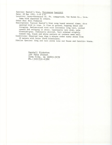 Rare bird documentation form for a Bewick's Wren at Lacey-Keosauqua State Park in Van Buren County, IA on May 28, 1992.