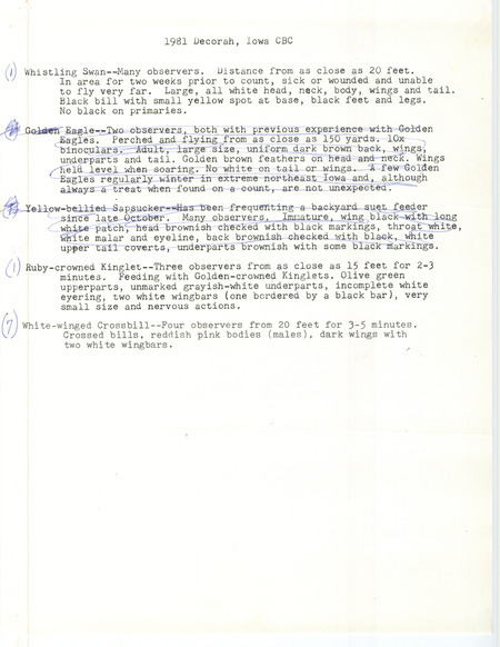 Field notes documenting the sighting of a Ruby-crowned Kinglet, Whistling Swan, Golden Eagle, Yellow-bellied Sapsucker, and seven White-winged Crossbills seen during the Decorah Christmas Bird County.