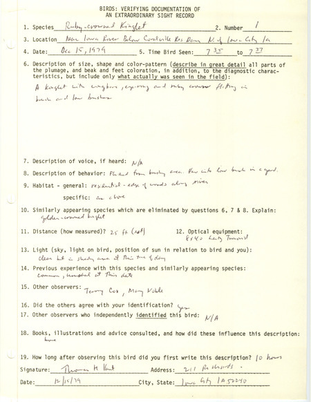 Rare bird documentation form for a Ruby-crowned Kinglet at Coralville Dam in Johnson County, IA on December 15, 1979.