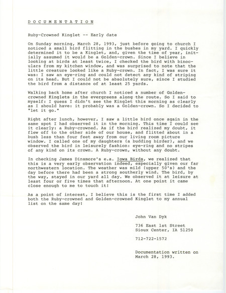Rare bird documentation form for a Ruby-crowned Kinglet at Sioux Center in Sioux County, IA on March 28, 1993.