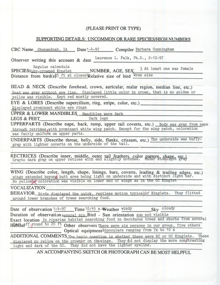 Rare bird documentation form for three Ruby-crowned Kinglets at Shenandoah in Page County, IA on January 4, 1997.