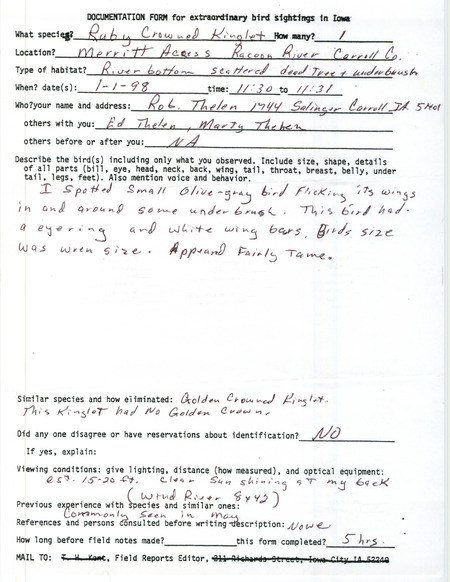 Rare bird documentation form for a Ruby-crowned Kinglet at Merritt County Park in Carroll County, IA on January 1, 1998.