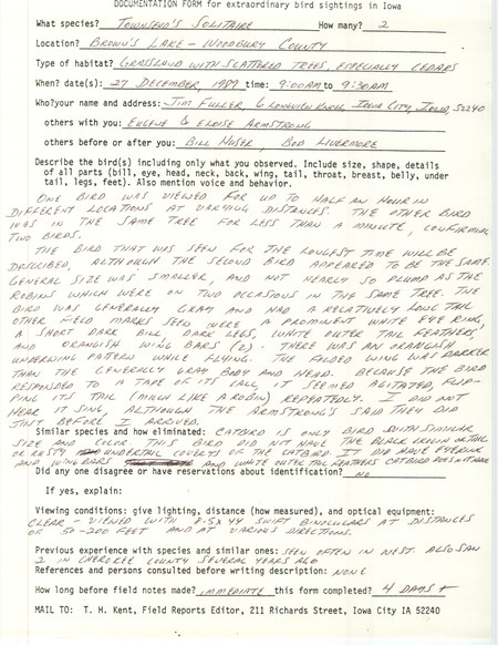 Rare bird documentation form for two Townsend's Solitaires at Browns Lake in Woodbury County, IA on December 27, 1989.