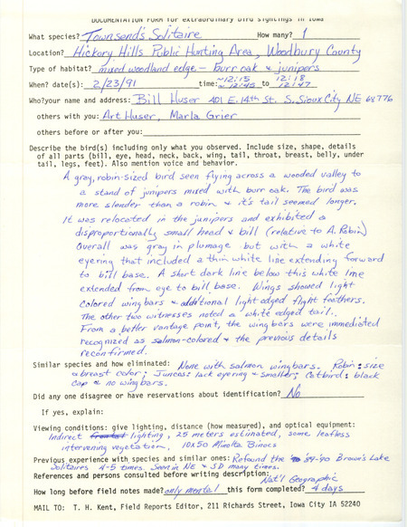 Rare bird documentation form for a Townsend's Solitaire at Shagbark Hills in Woodbury County, IA on February 23, 1991.